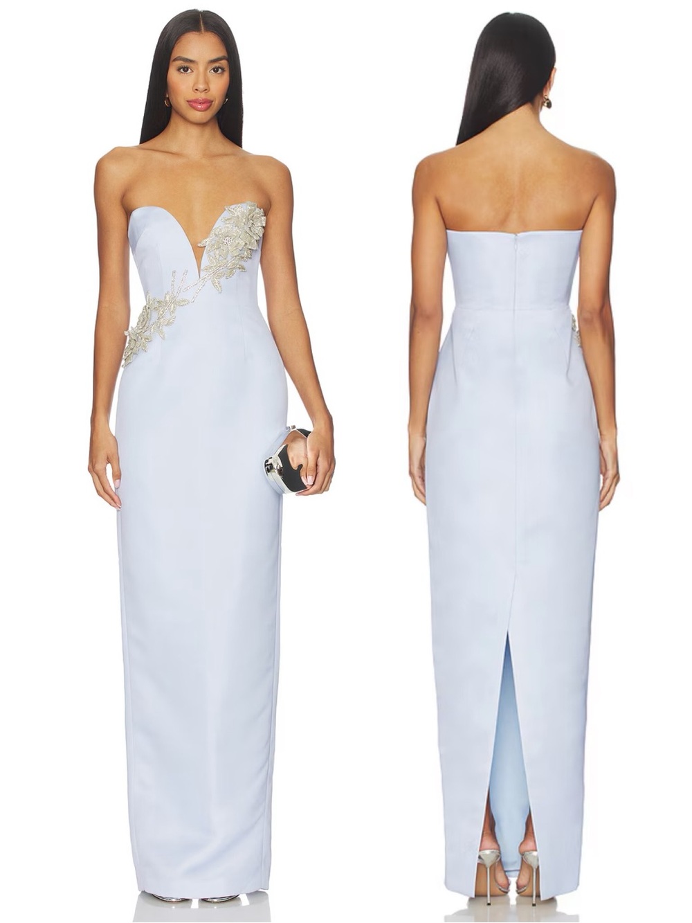 SAU Lee Luna Satin Embroidered Floral Appliqué Gown Frost Blue NEW with tags